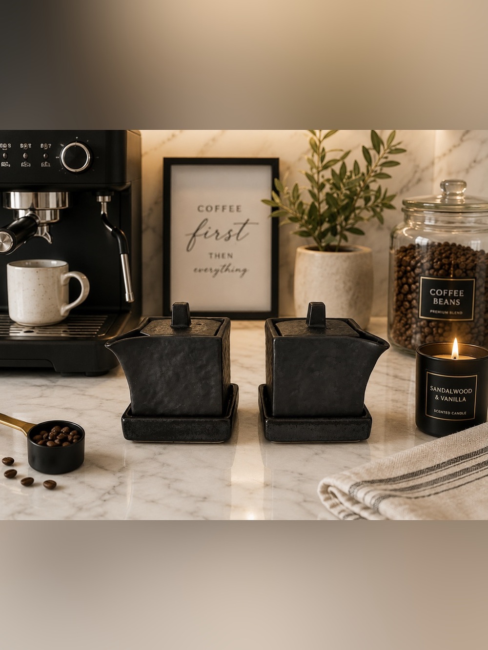 Modern Black Ceramic Creamer & Sugar Bowl Set | Matte Black Kitchen Decor